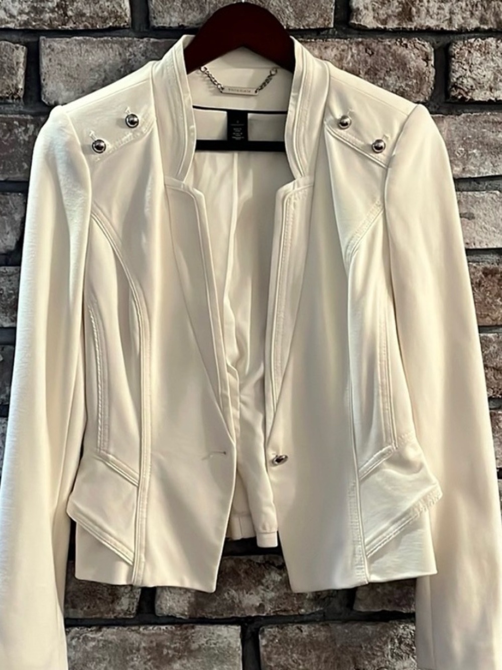 White House Black Market Cream Cropped Moto-Style Blazer